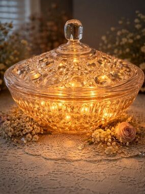 Pink Indiana Glass Windsor Candy Dish Fairy Lamp Button Cane Glow